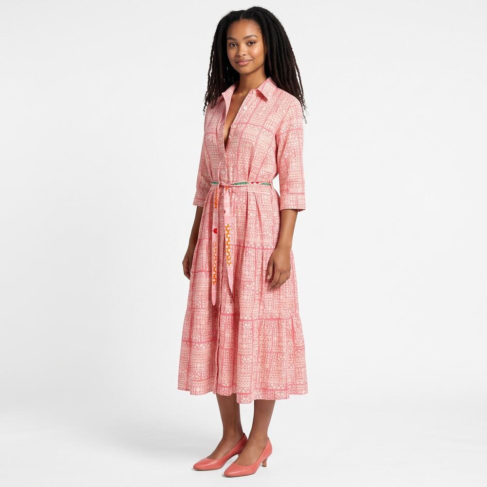 Connie Roberson | S | 100% Cotton Collared 3/4 Sleeve Tie Waist Midi Shirt Dress
